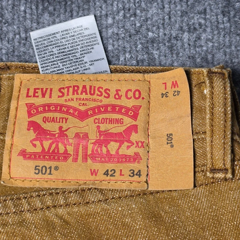 Levis 501 Original Fit Jeans Mens 42x34 Brown White Oak Cone Denim Button Fly